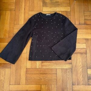 Zara Autumn Winter 17-18 fleece black Top - Pearl Details Bell Sleeves - S